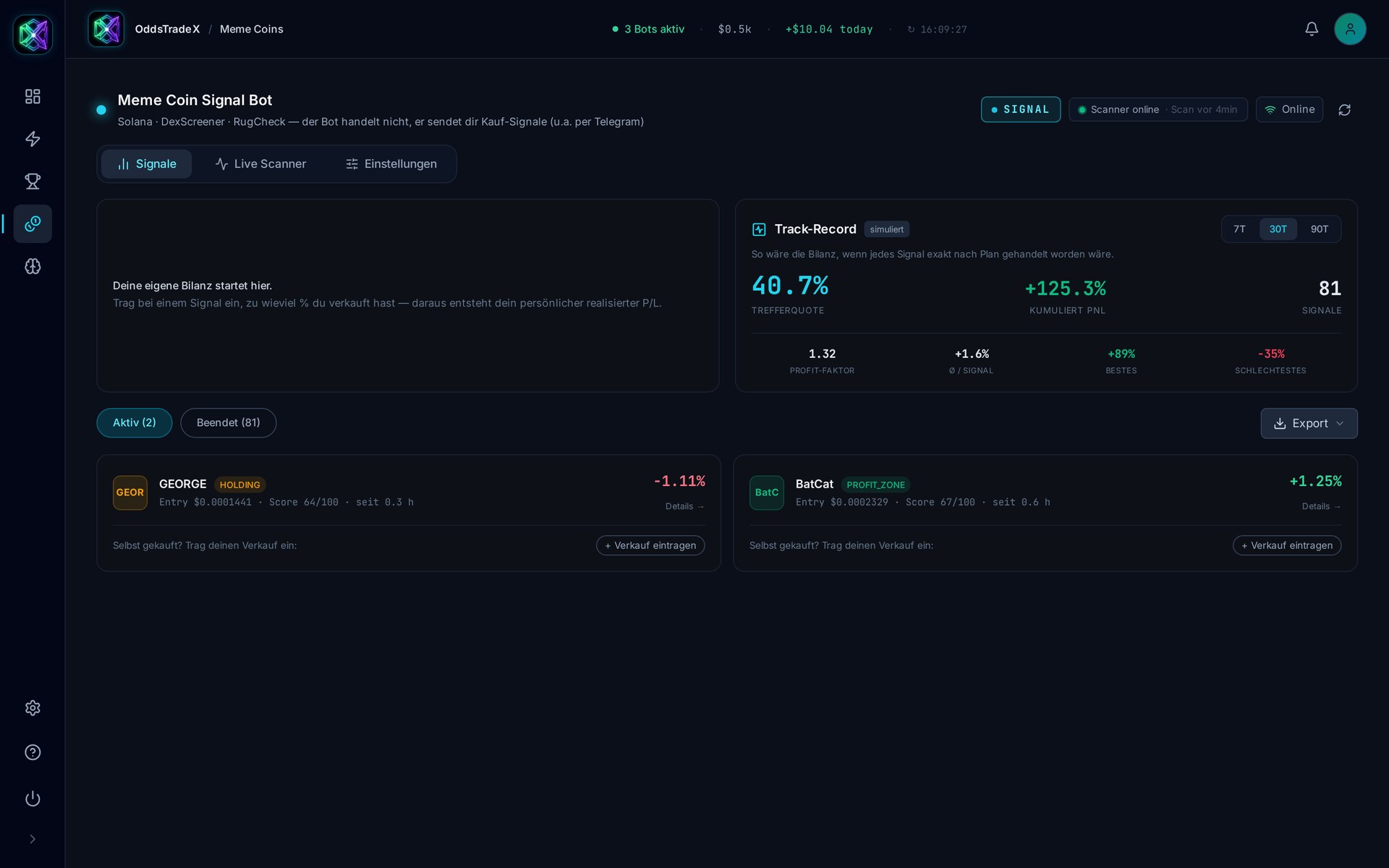 Memecoin-Hunter: Live Market Scanner mit Score, 24h-Volumen und Rug-Filter-Status je Token